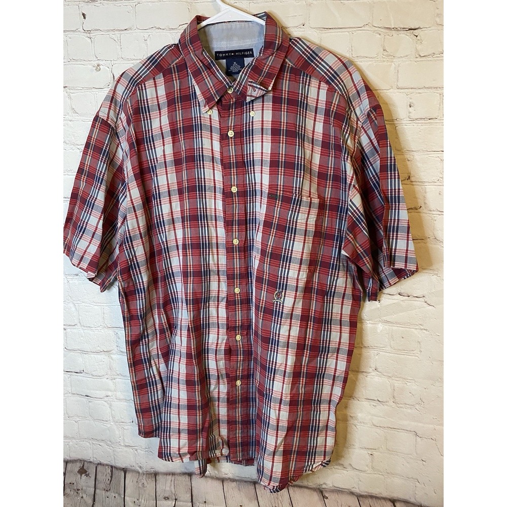 Tommy Hilfiger Short Sleeve Plaid‎ Button Down Top Size XL